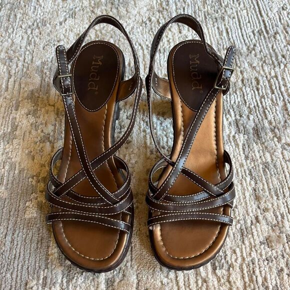 Vintage Y2K Mudd contrast stitch brown and gold strappy chunky heels size 7.5 - Picture 1 of 8